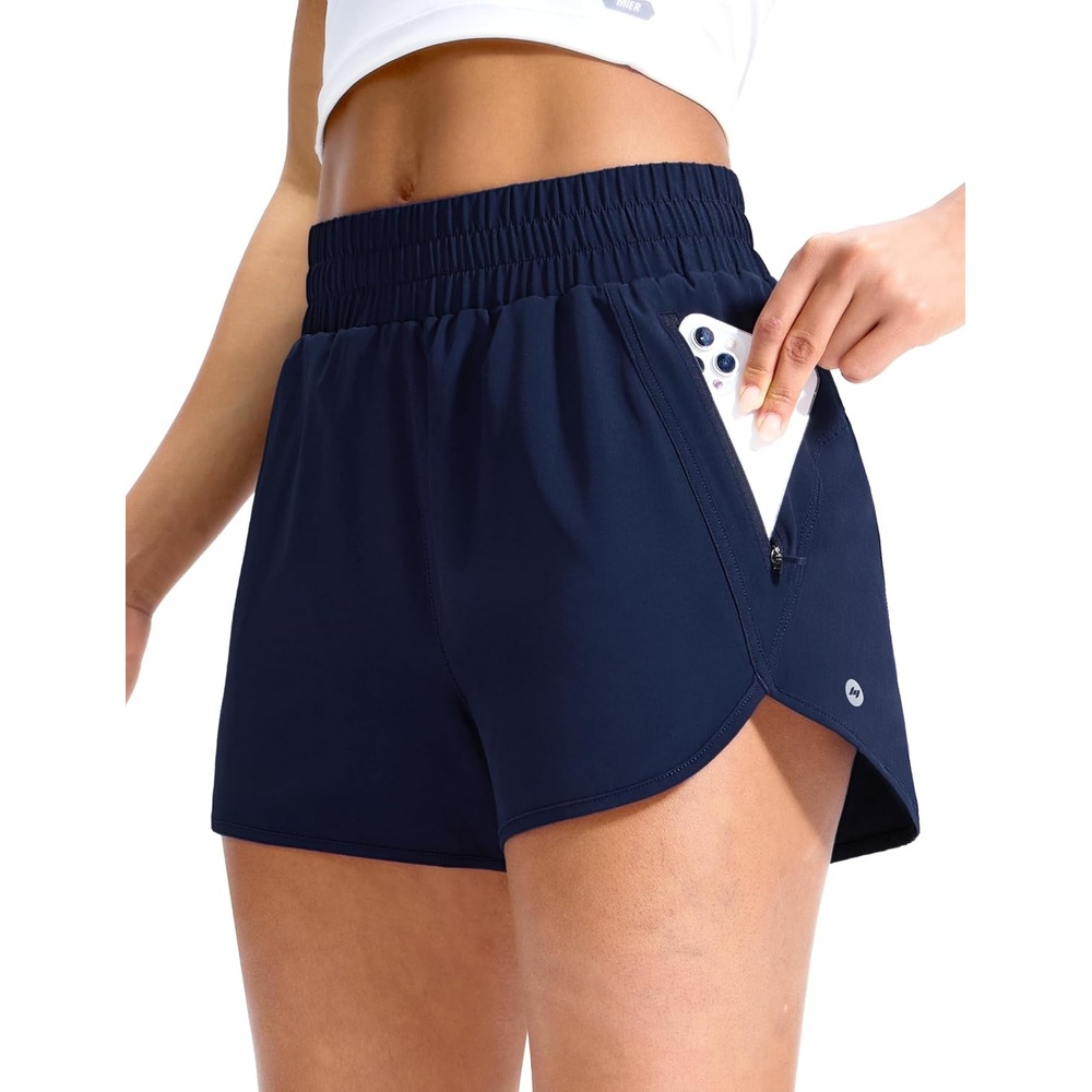 image:imageMIER Womens Running Shorts with Zipper Pockets MidWaisted Quick Dry Athletic Workout Sport Short with Mesh Liner 3Navy