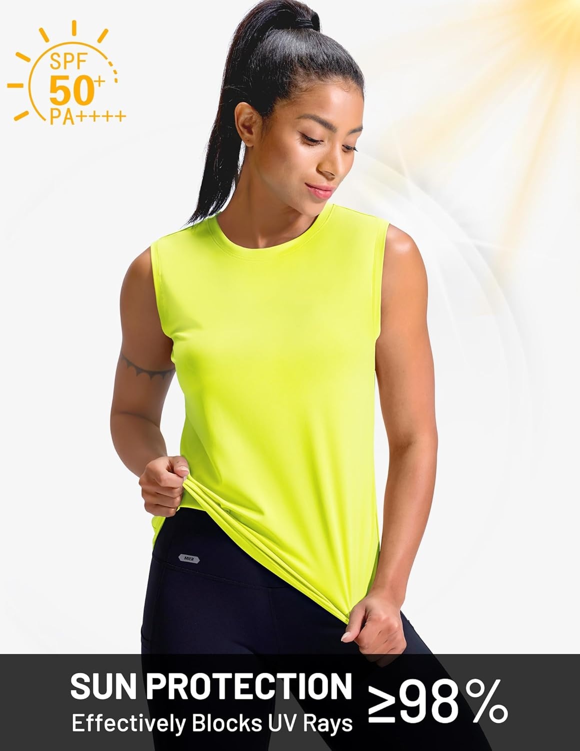 image:imageMIER Sleeveless Athletic Tops for Women Dry Fit Running Workout Tank Top Crew Neck UPF 50 Active Tennis Gym Yoga Tee ShirtsLemon Green
