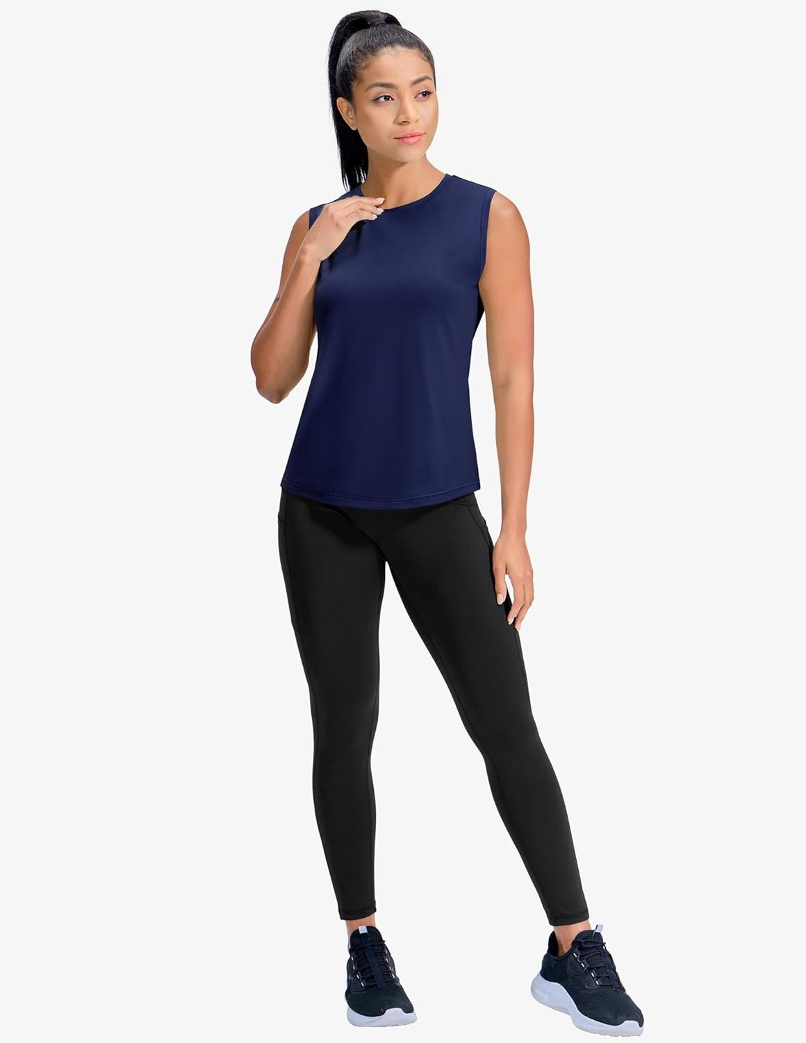 image:imageMIER Sleeveless Athletic Tops for Women Dry Fit Running Workout Tank Top Crew Neck UPF 50 Active Tennis Gym Yoga Tee ShirtsNavy