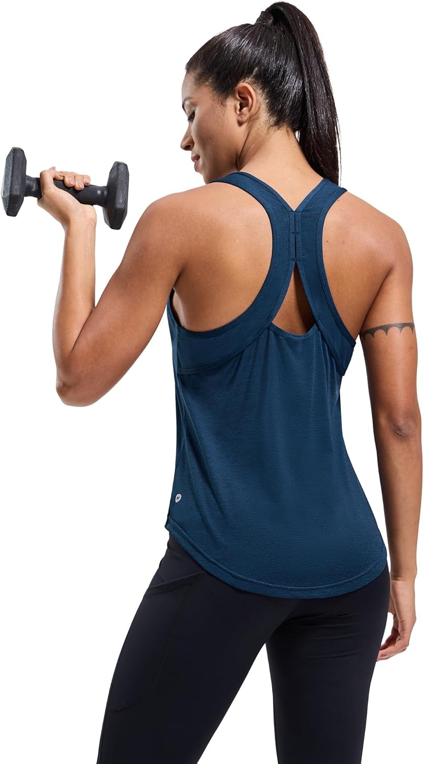 image:imageMIER Workout Tank Tops for Women Racerback Athletic Sleeveless Loose Fit Muscle Tee Shirts Dry Fit Runing Gym Yoga Top SummerHeather Dark Blue