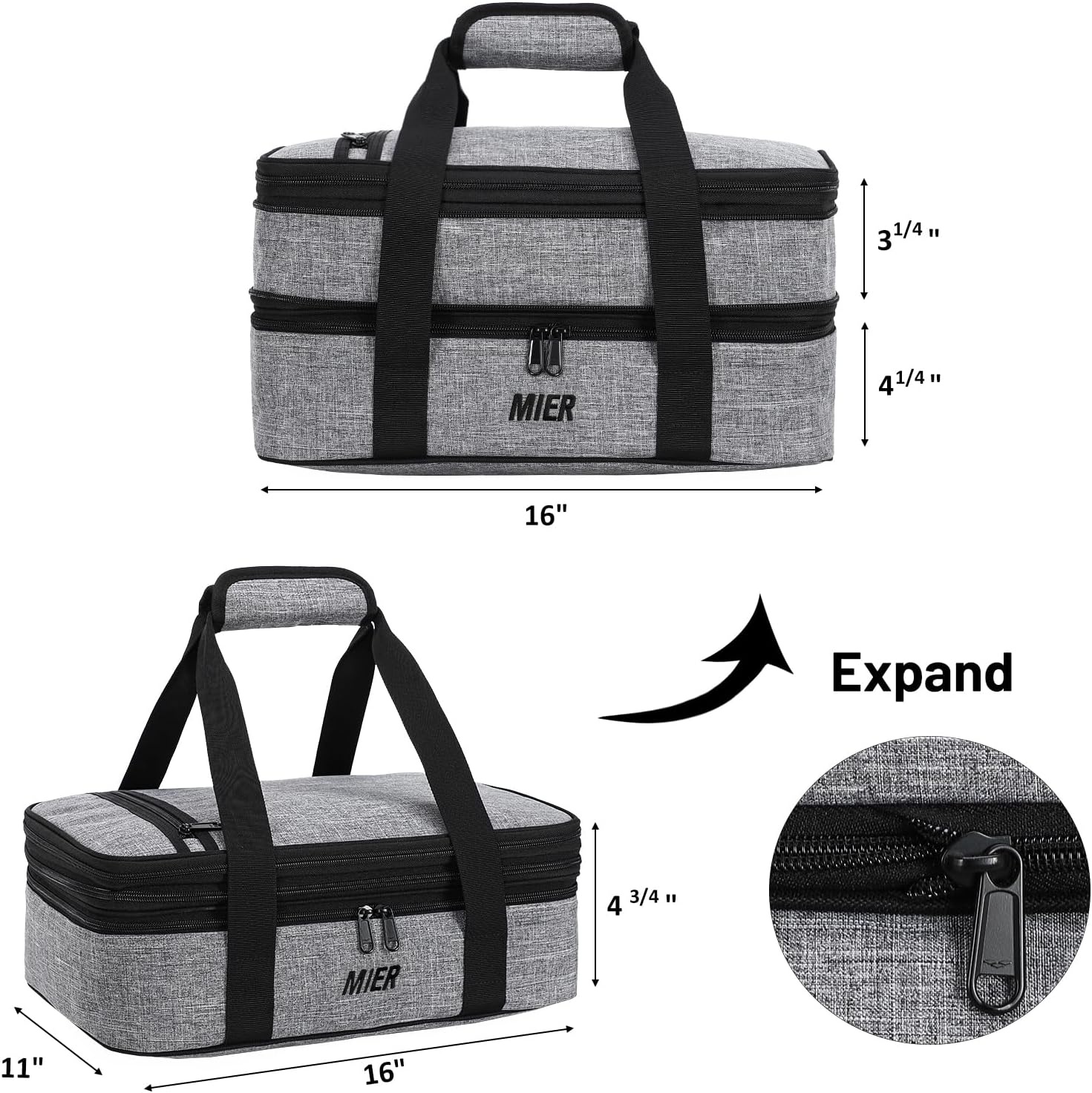 image:imageMIER Insulated Double Casserole Carrier Thermal Lunch Tote for Potluck Parties Picnic Beach Fits 9 x 13 Inches Casserole Dish Expandable by Mid Zipper PurpleGray