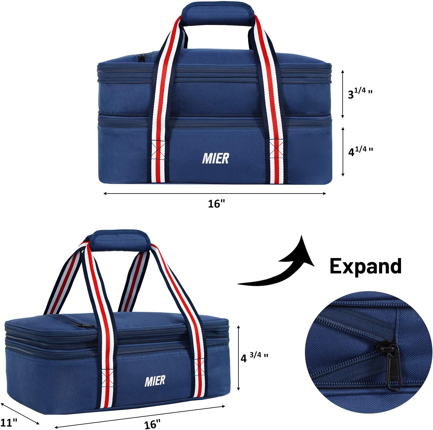 image:imageMIER Insulated Double Casserole Carrier Thermal Lunch Tote for Potluck Parties Picnic Beach Fits 9 x 13 Inches Casserole Dish Expandable by Mid Zipper PurpleNavy