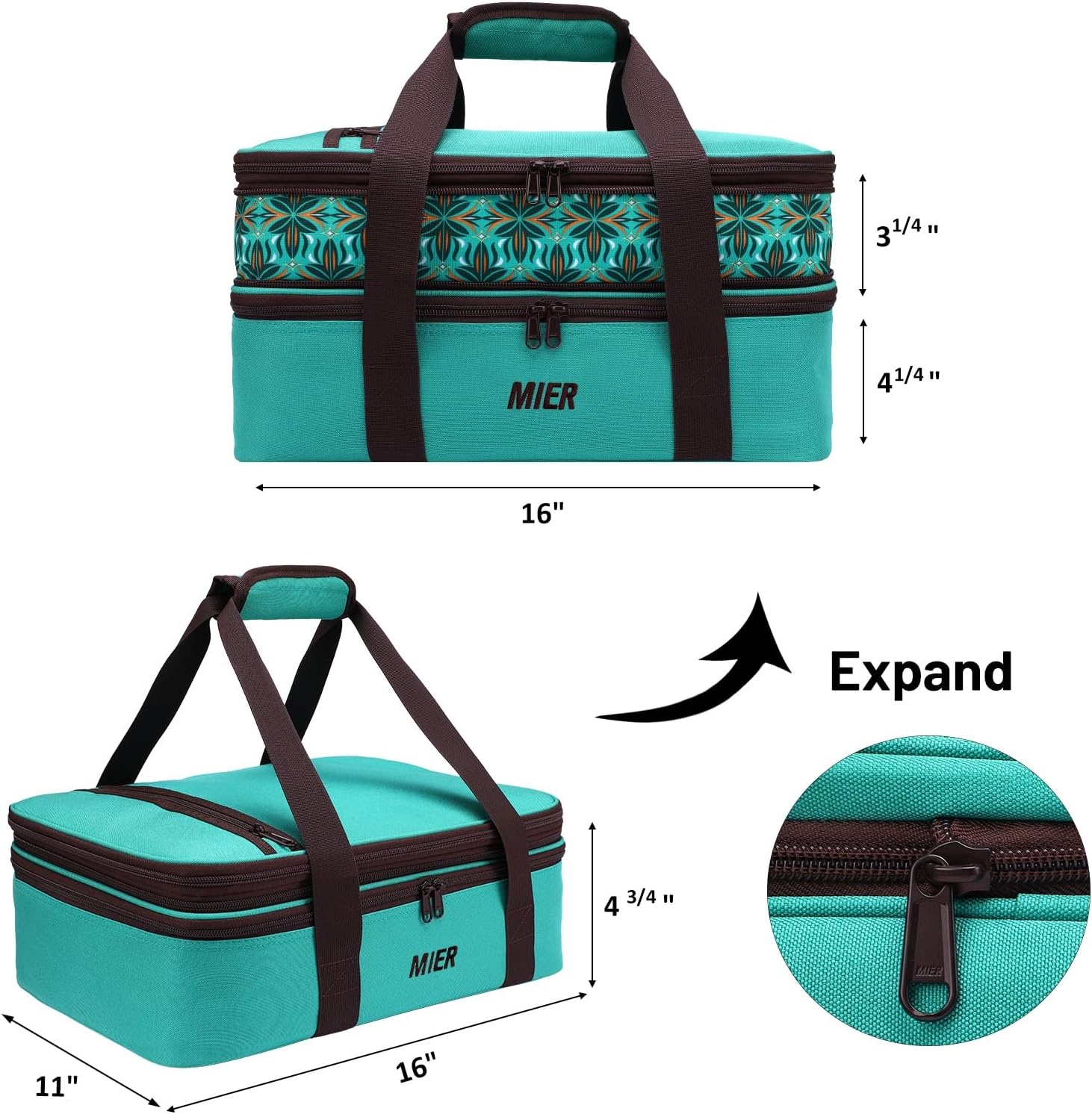 image:imageMIER Insulated Double Casserole Carrier Thermal Lunch Tote for Potluck Parties Picnic Beach Fits 9 x 13 Inches Casserole Dish Expandable by Mid Zipper PurpleTeal