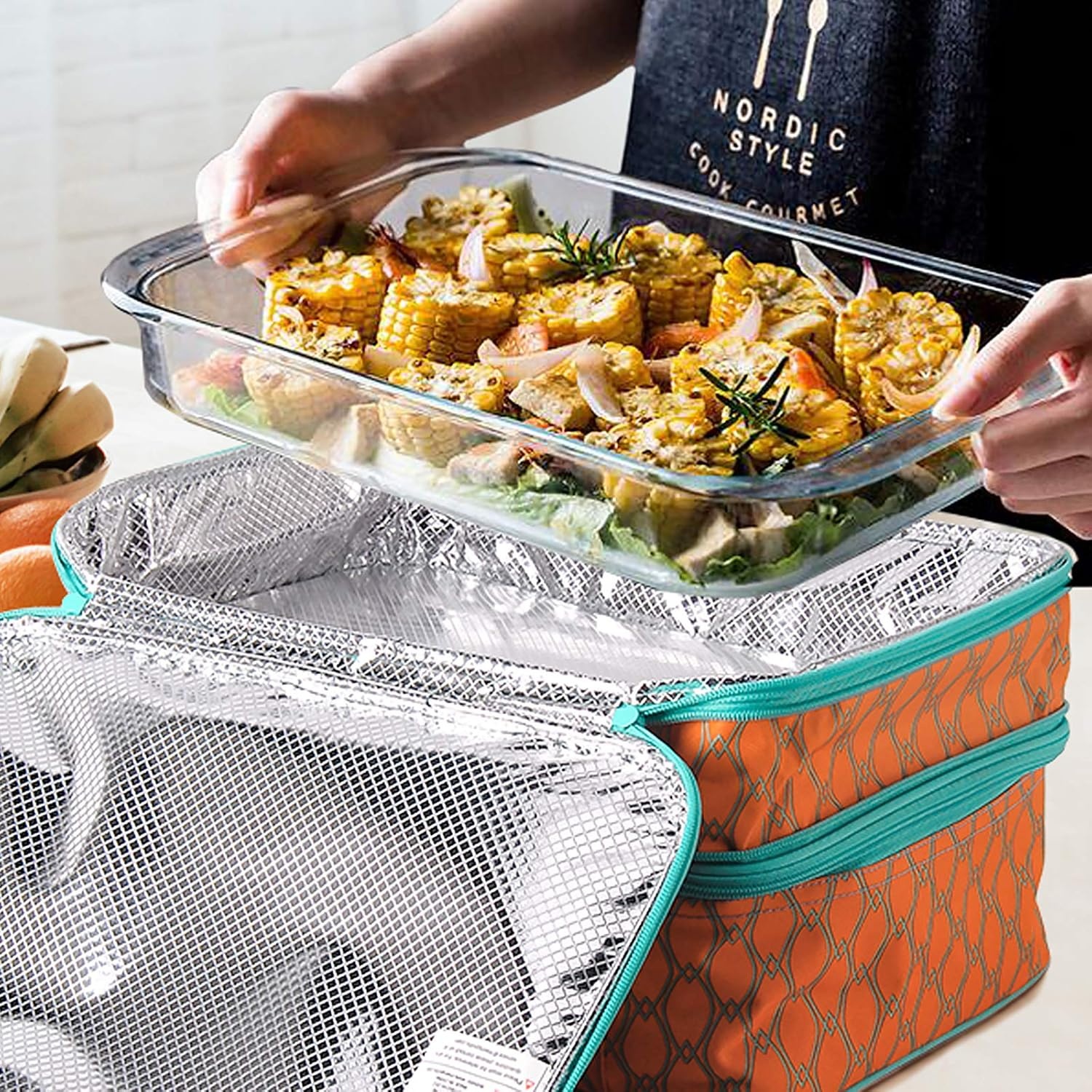 image:imageMIER Insulated Double Casserole Carrier Thermal Lunch Tote for Potluck Parties Picnic Beach Fits 9 x 13 Inches Casserole Dish Expandable by Mid Zipper PurpleOrange