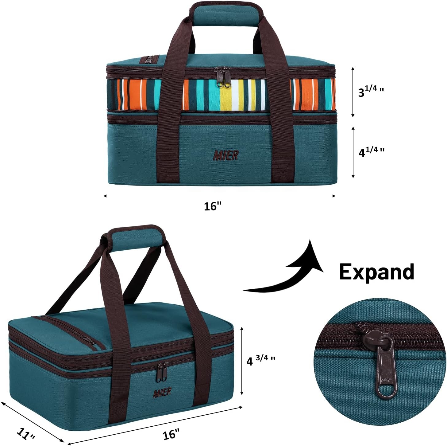 image:imageMIER Insulated Double Casserole Carrier Thermal Lunch Tote for Potluck Parties Picnic Beach Fits 9 x 13 Inches Casserole Dish Expandable by Mid Zipper PurplePeacock Blue