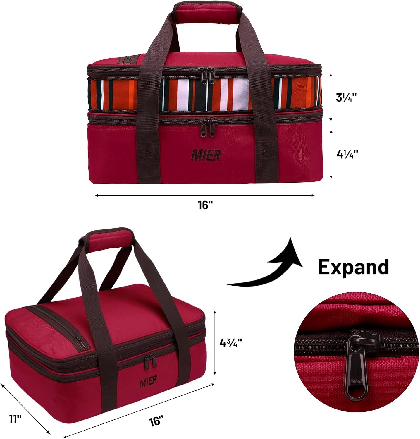 image:imageMIER Insulated Double Casserole Carrier Thermal Lunch Tote for Potluck Parties Picnic Beach Fits 9 x 13 Inches Casserole Dish Expandable by Mid Zipper PurpleBurgundy