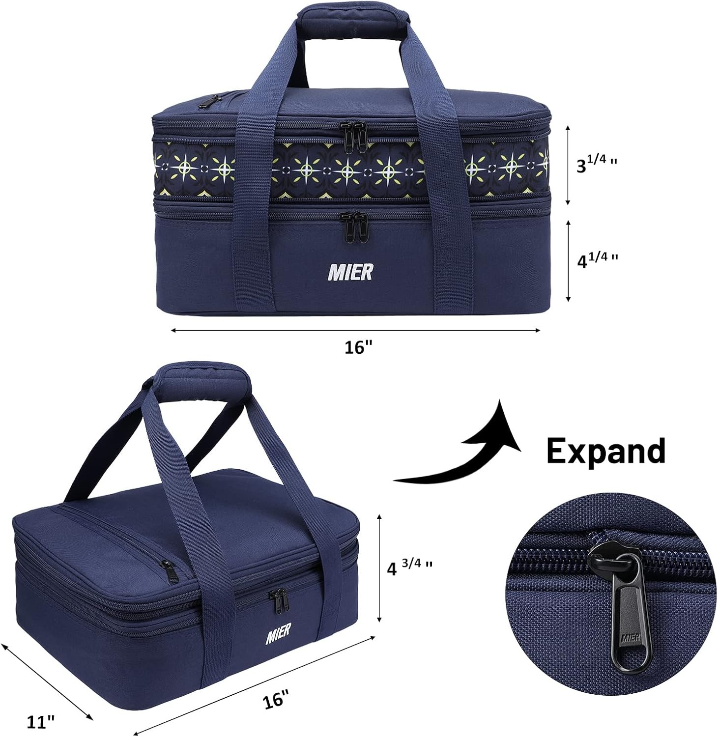 image:imageMIER Insulated Double Casserole Carrier Thermal Lunch Tote for Potluck Parties Picnic Beach Fits 9 x 13 Inches Casserole Dish Expandable by Mid Zipper PurpleDark Blue