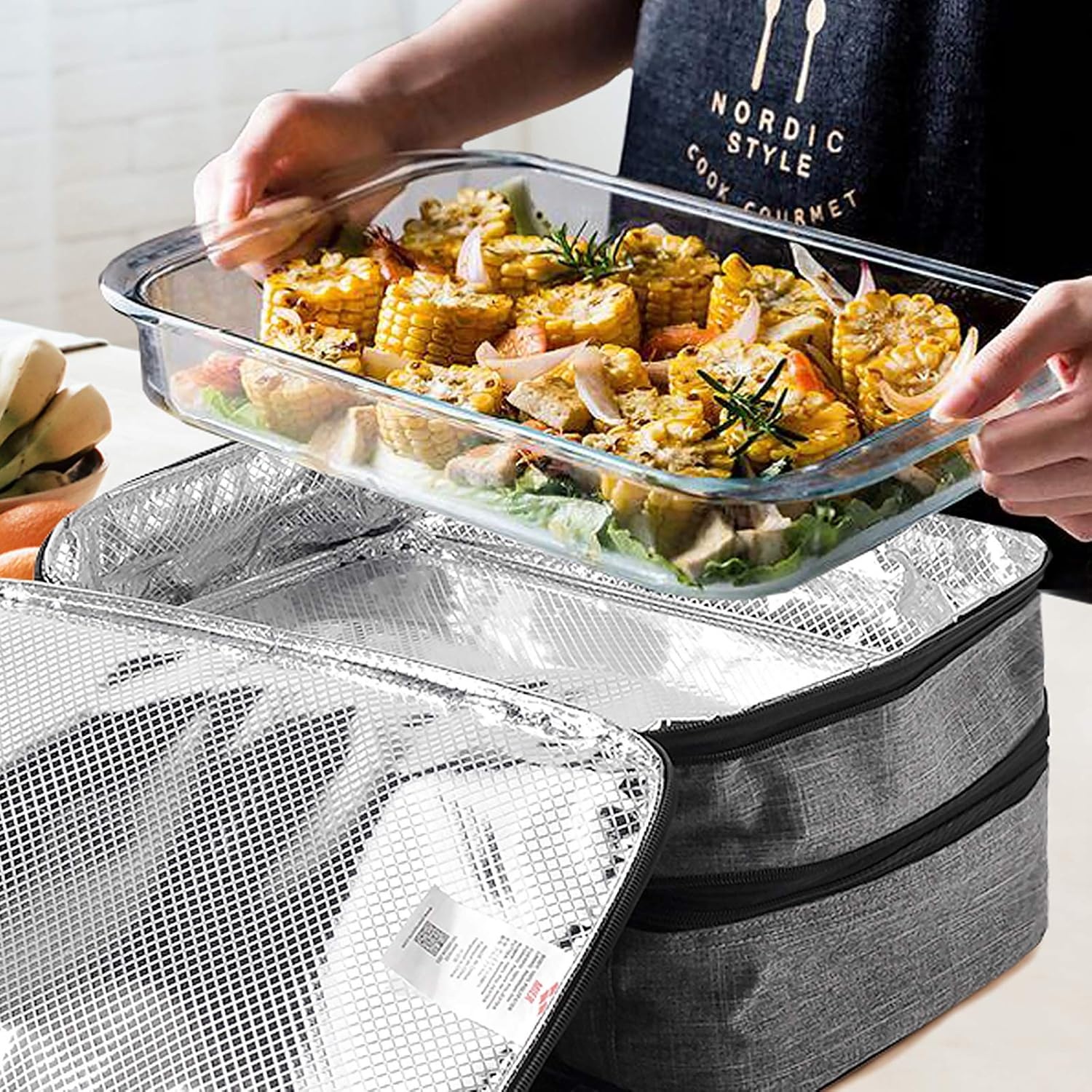 image:imageMIER Insulated Double Casserole Carrier Thermal Lunch Tote for Potluck Parties Picnic Beach Fits 9 x 13 Inches Casserole Dish Expandable by Mid Zipper PurpleGray
