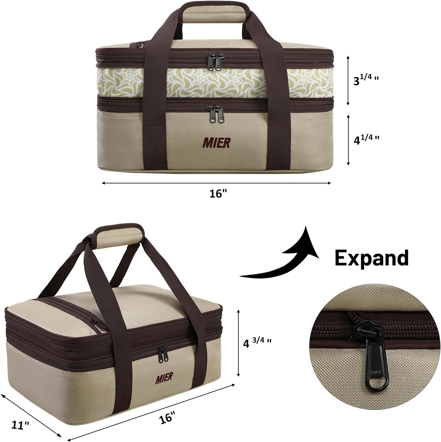 image:imageMIER Insulated Double Casserole Carrier Thermal Lunch Tote for Potluck Parties Picnic Beach Fits 9 x 13 Inches Casserole Dish Expandable by Mid Zipper PurpleKhaki