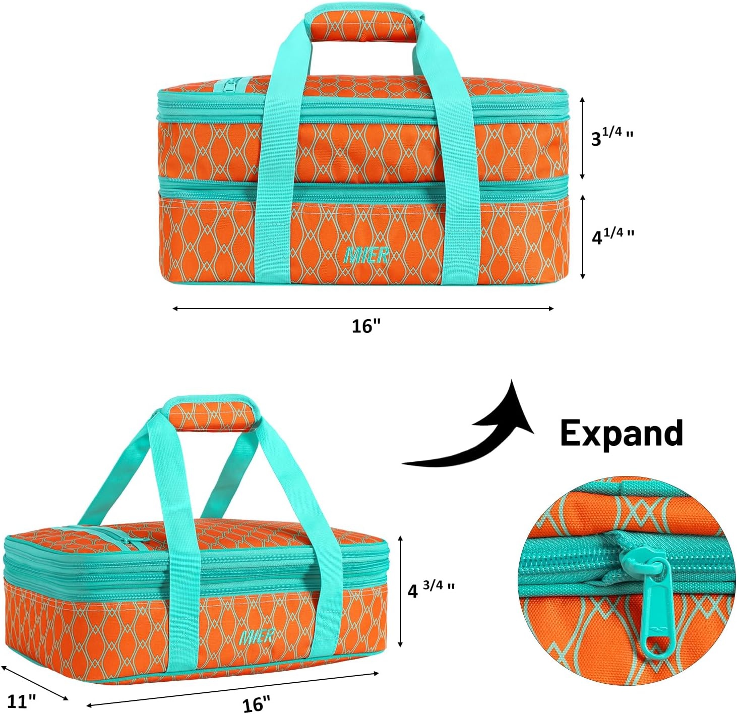 image:imageMIER Insulated Double Casserole Carrier Thermal Lunch Tote for Potluck Parties Picnic Beach Fits 9 x 13 Inches Casserole Dish Expandable by Mid Zipper PurpleOrange