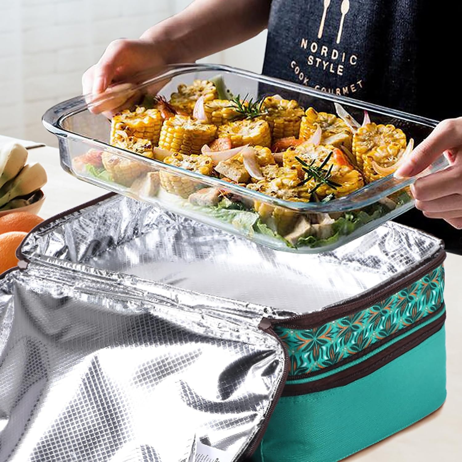 image:imageMIER Insulated Double Casserole Carrier Thermal Lunch Tote for Potluck Parties Picnic Beach Fits 9 x 13 Inches Casserole Dish Expandable by Mid Zipper PurpleTeal
