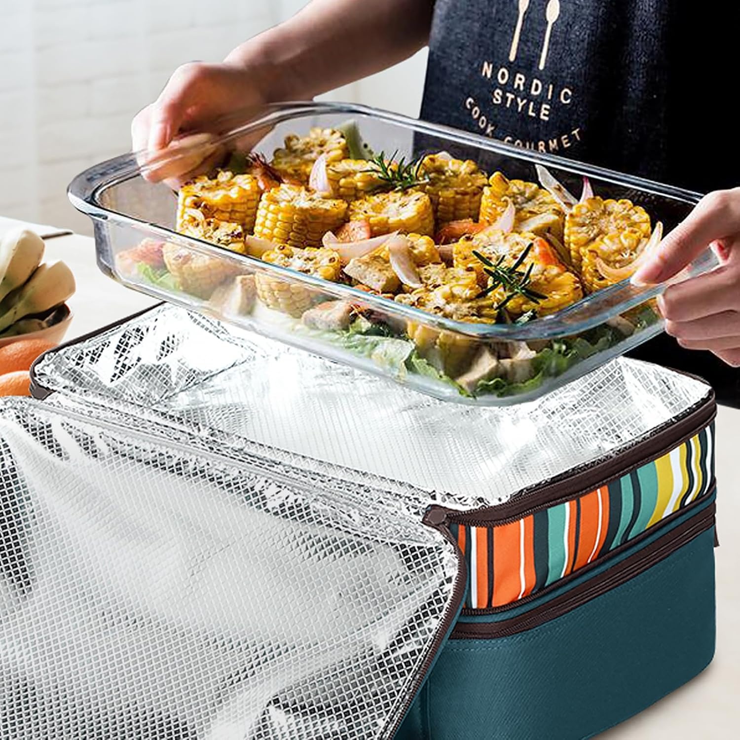 image:imageMIER Insulated Double Casserole Carrier Thermal Lunch Tote for Potluck Parties Picnic Beach Fits 9 x 13 Inches Casserole Dish Expandable by Mid Zipper PurplePeacock Blue