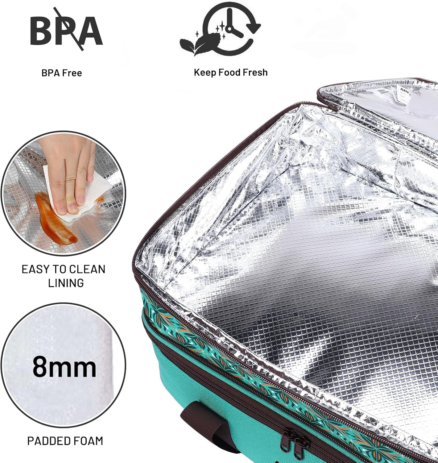 image:imageMIER Insulated Double Casserole Carrier Thermal Lunch Tote for Potluck Parties Picnic Beach Fits 9 x 13 Inches Casserole Dish Expandable by Mid Zipper PurpleTeal