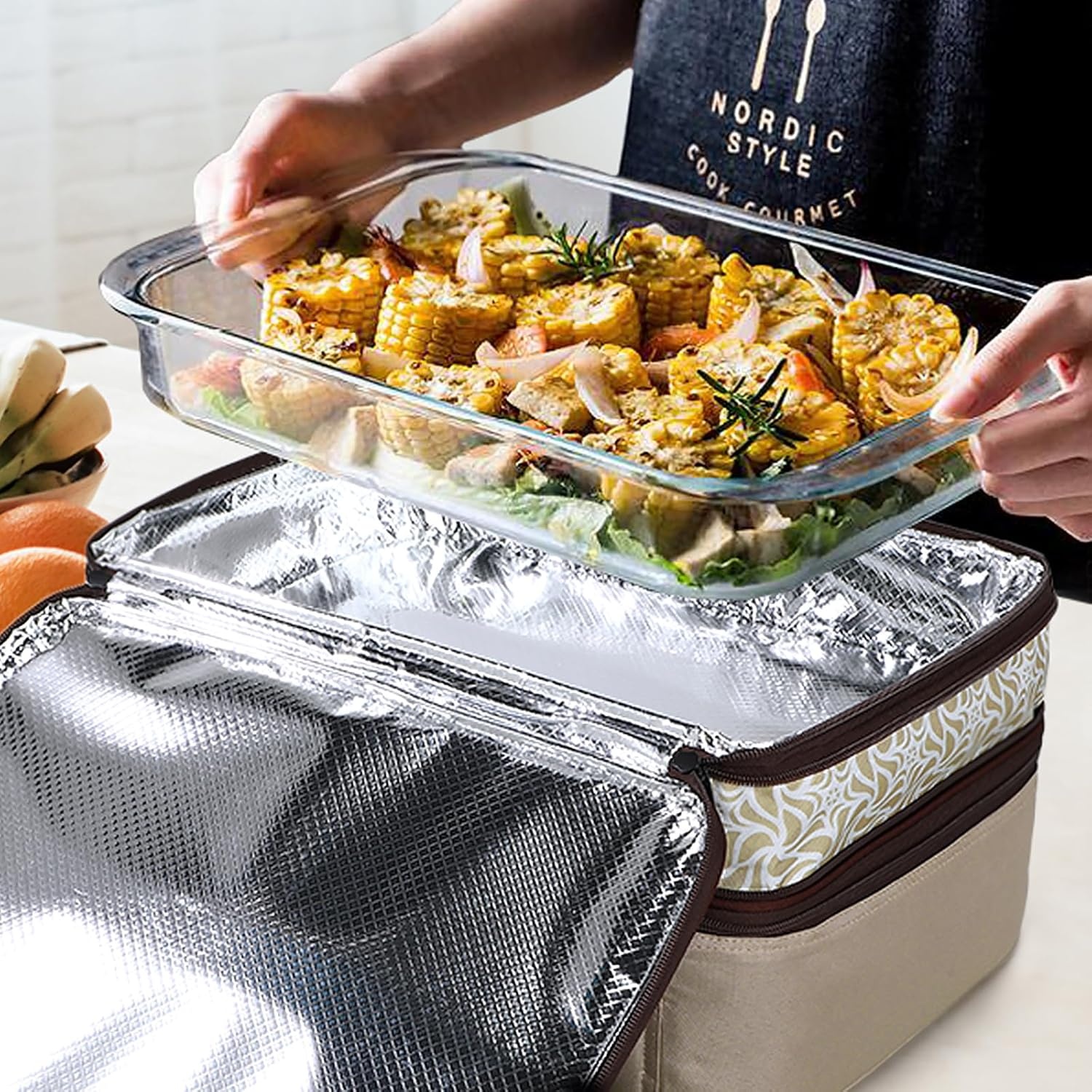 image:imageMIER Insulated Double Casserole Carrier Thermal Lunch Tote for Potluck Parties Picnic Beach Fits 9 x 13 Inches Casserole Dish Expandable by Mid Zipper PurpleKhaki