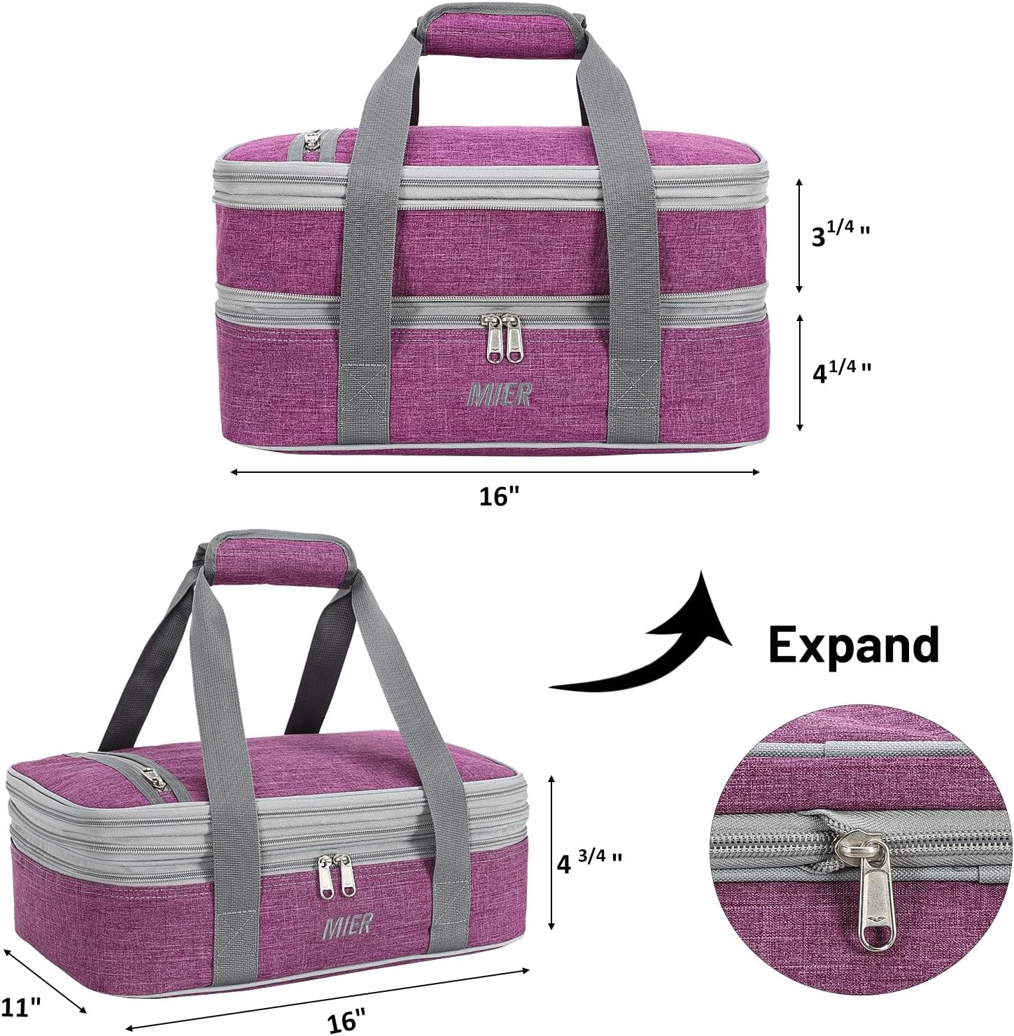 image:imageMIER Insulated Double Casserole Carrier Thermal Lunch Tote for Potluck Parties Picnic Beach Fits 9 x 13 Inches Casserole Dish Expandable by Mid Zipper PurplePurple