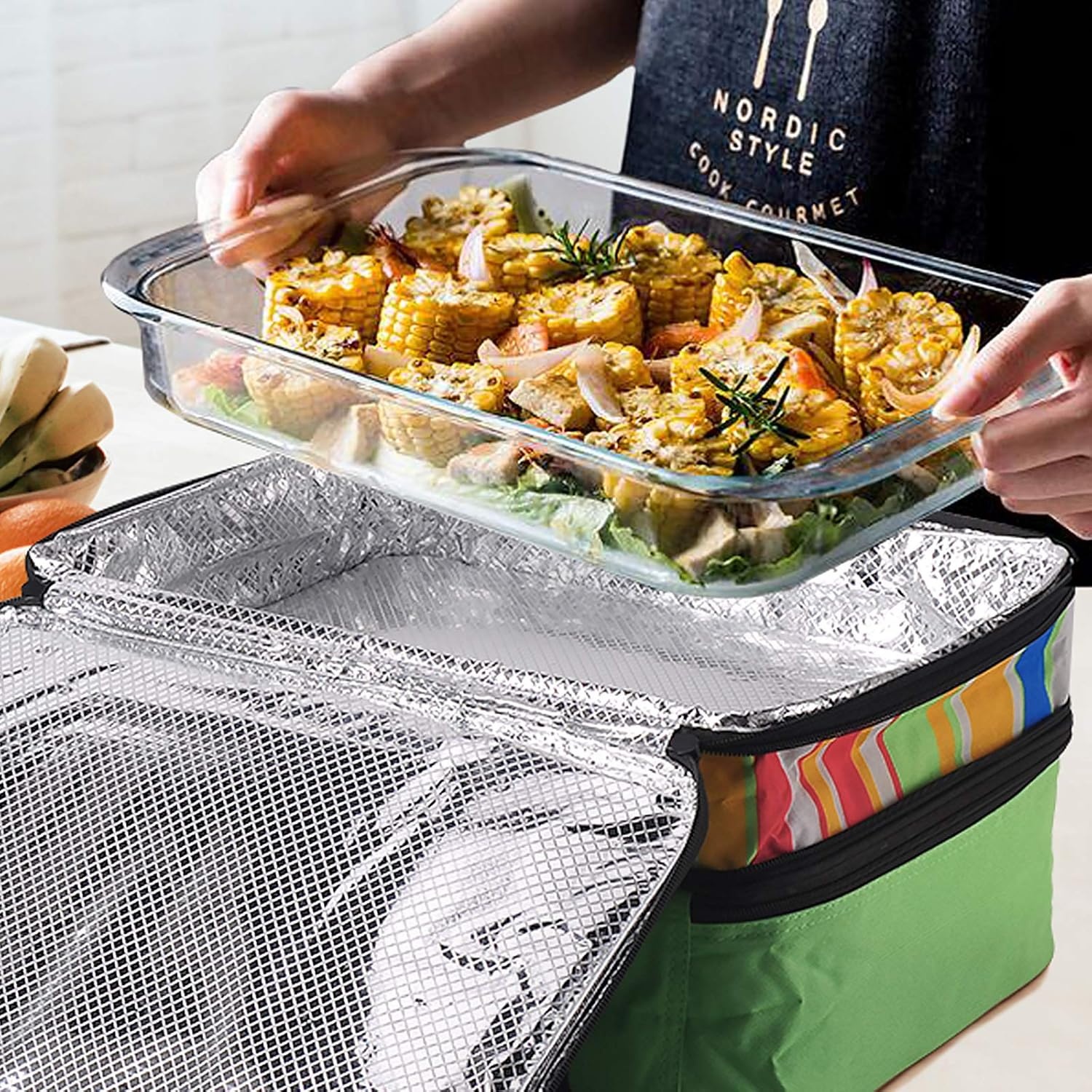 image:imageMIER Insulated Double Casserole Carrier Thermal Lunch Tote for Potluck Parties Picnic Beach Fits 9 x 13 Inches Casserole Dish Expandable by Mid Zipper PurpleGreen