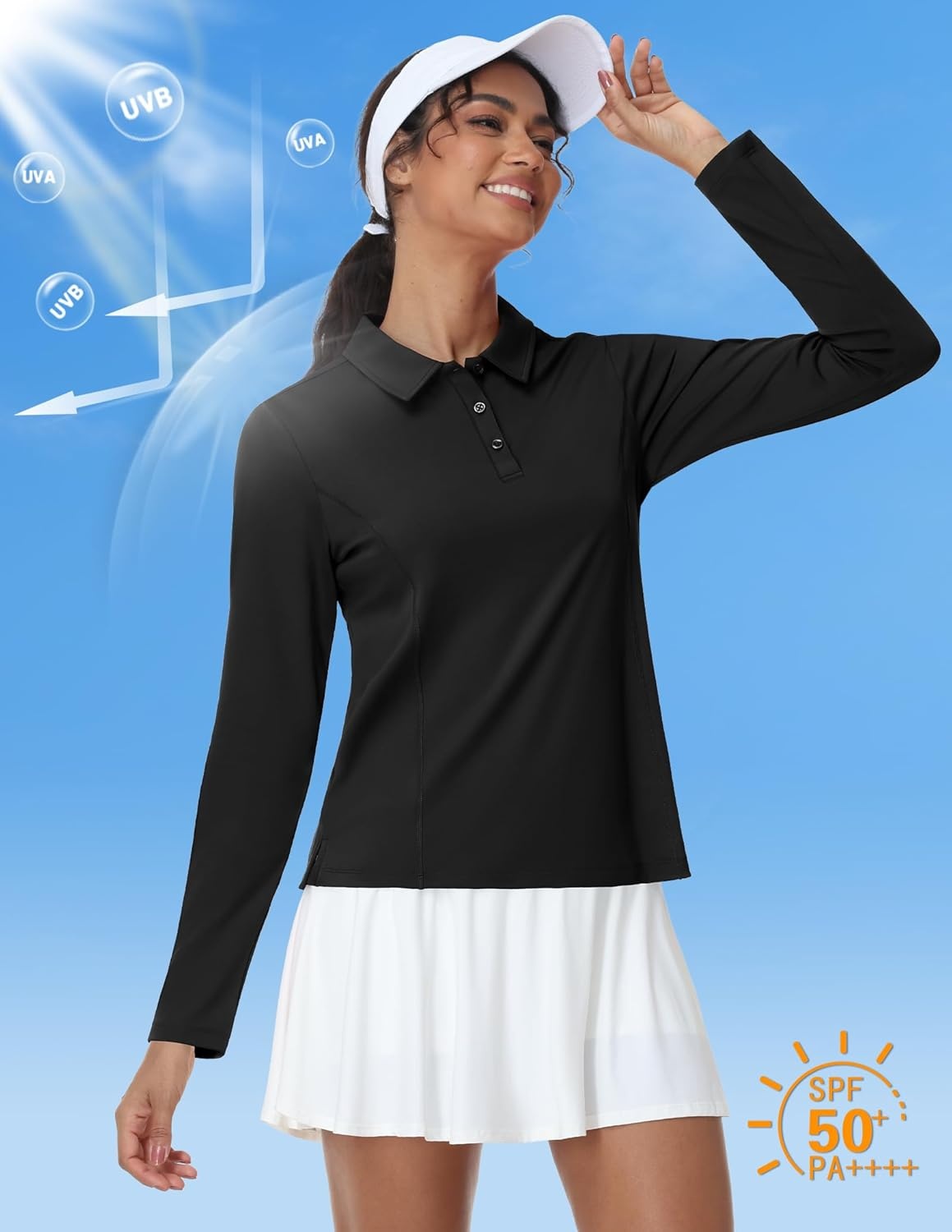 image:imageMIER Long Sleeve Polo Shirts for Women Quick Dry Collared Golf Tops for Athletic Tennis Work Inherent UPF 50 Sun ProtectionBlack