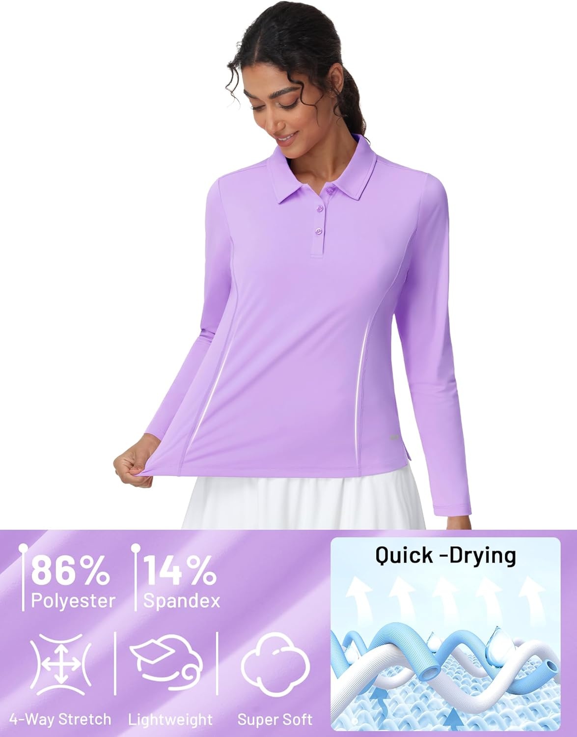 image:imageMIER Long Sleeve Polo Shirts for Women Quick Dry Collared Golf Tops for Athletic Tennis Work Inherent UPF 50 Sun ProtectionLavender