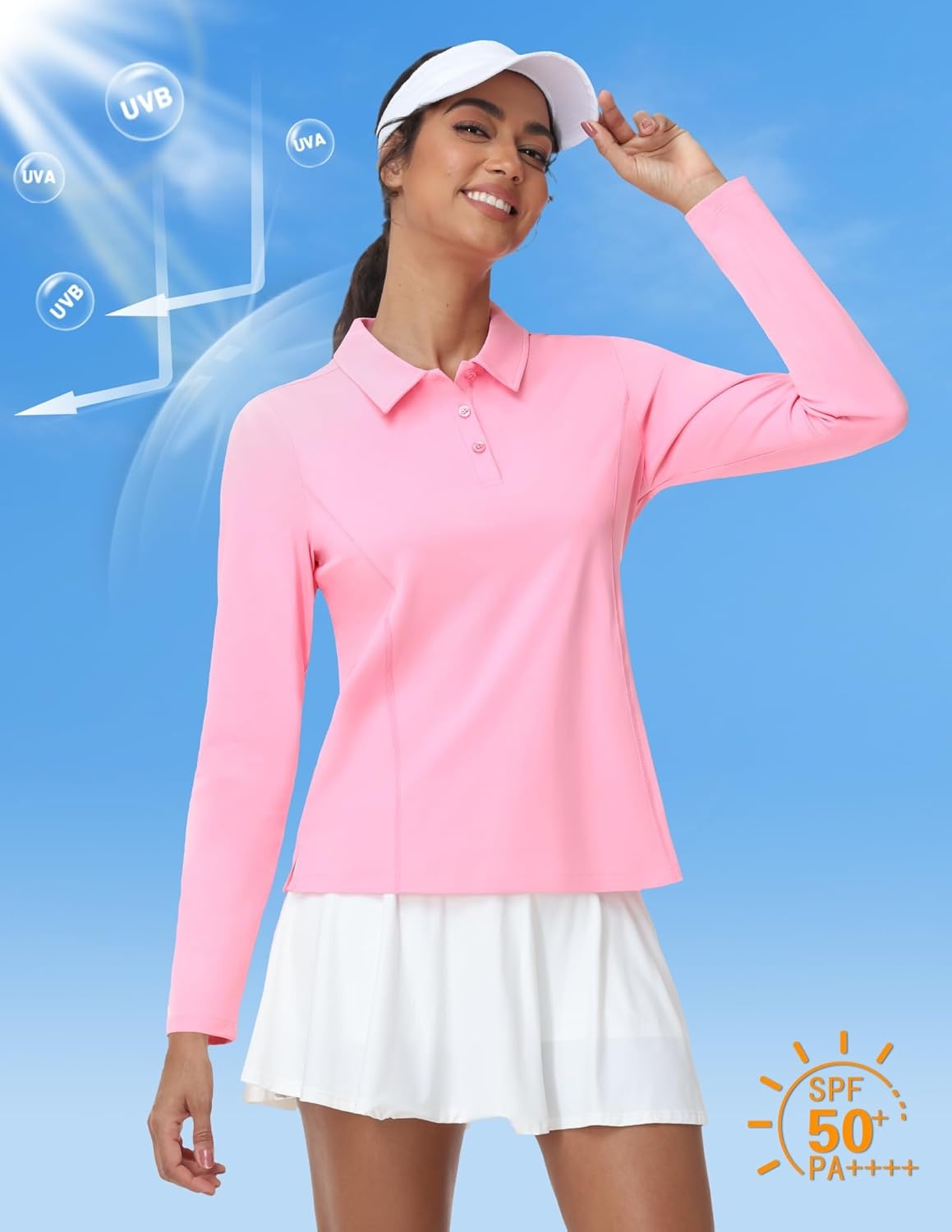 image:imageMIER Long Sleeve Polo Shirts for Women Quick Dry Collared Golf Tops for Athletic Tennis Work Inherent UPF 50 Sun ProtectionLight Pink