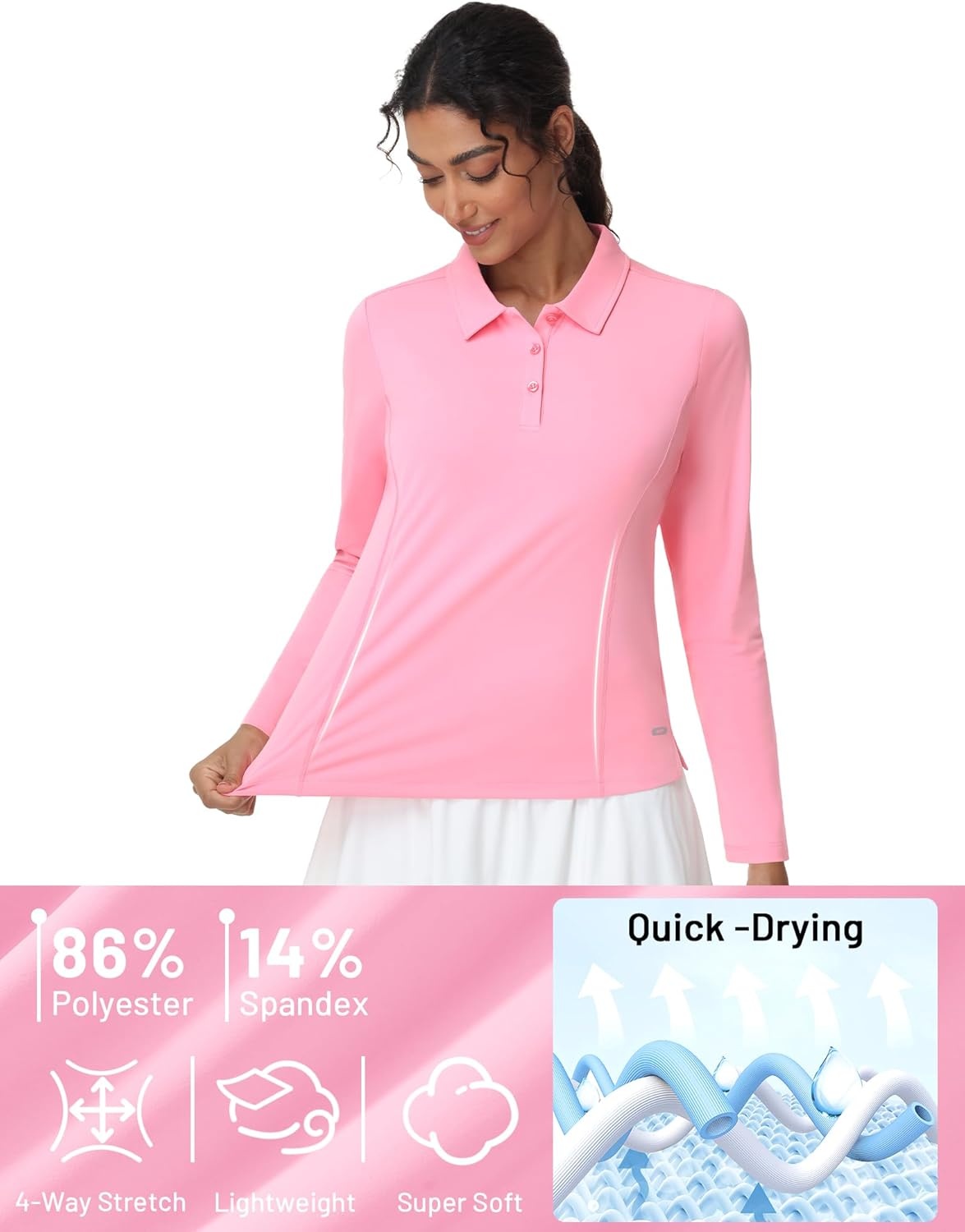 image:imageMIER Long Sleeve Polo Shirts for Women Quick Dry Collared Golf Tops for Athletic Tennis Work Inherent UPF 50 Sun ProtectionLight Pink