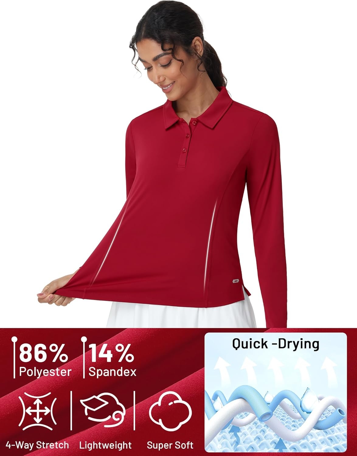 image:imageMIER Long Sleeve Polo Shirts for Women Quick Dry Collared Golf Tops for Athletic Tennis Work Inherent UPF 50 Sun ProtectionRed