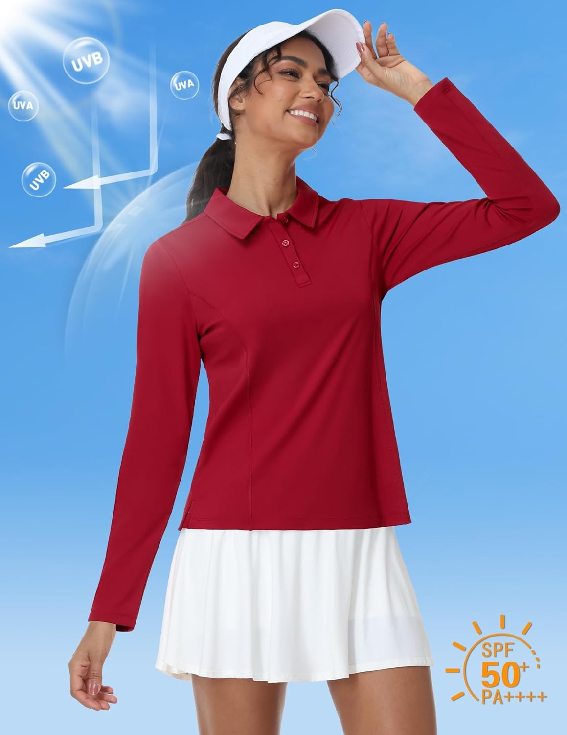 image:imageMIER Long Sleeve Polo Shirts for Women Quick Dry Collared Golf Tops for Athletic Tennis Work Inherent UPF 50 Sun ProtectionRed