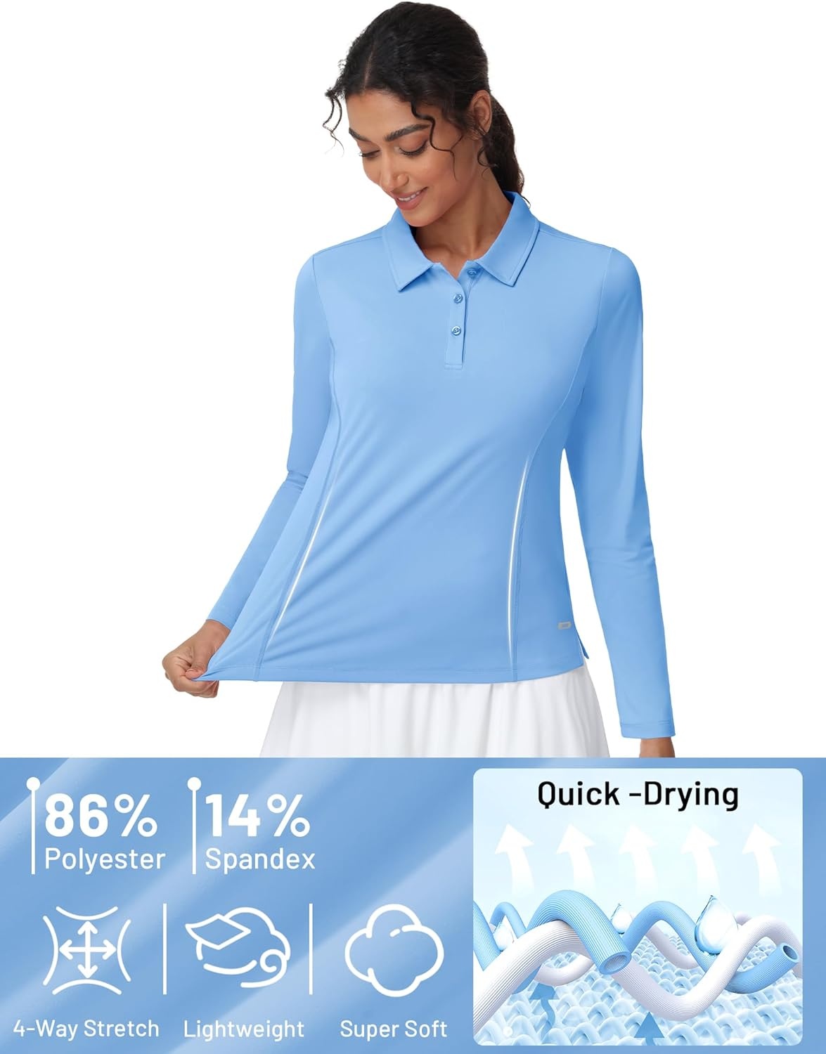 image:imageMIER Long Sleeve Polo Shirts for Women Quick Dry Collared Golf Tops for Athletic Tennis Work Inherent UPF 50 Sun ProtectionSky Blue