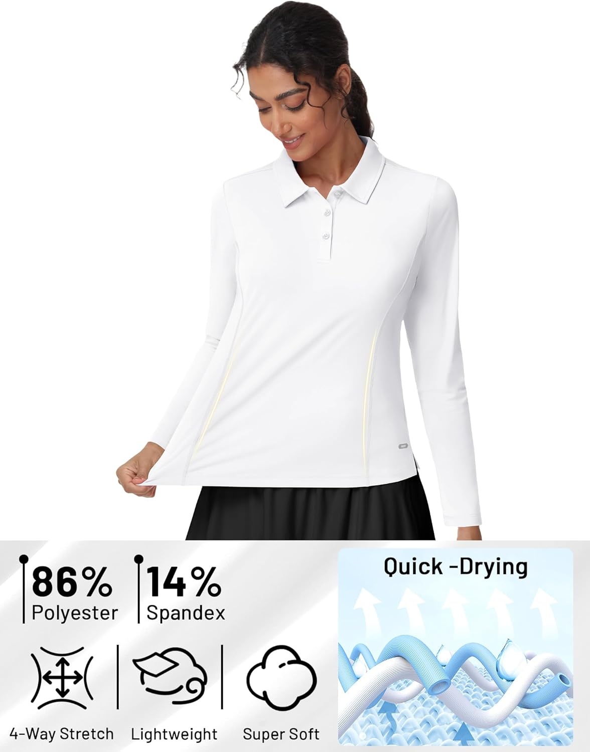 image:imageMIER Long Sleeve Polo Shirts for Women Quick Dry Collared Golf Tops for Athletic Tennis Work Inherent UPF 50 Sun ProtectionWhite
