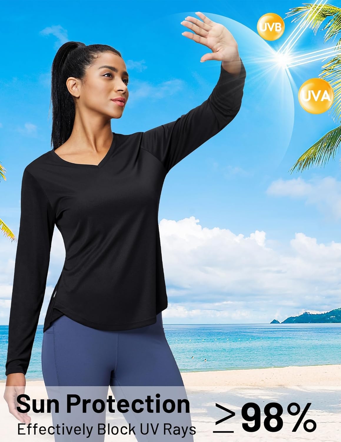 image:imageMIER Long Sleeve Workout Tops for Women UPF 50 SPF UV Protection Sun Shirts Dry Fit Athletic Running Gym Tshirt VNeckBlack