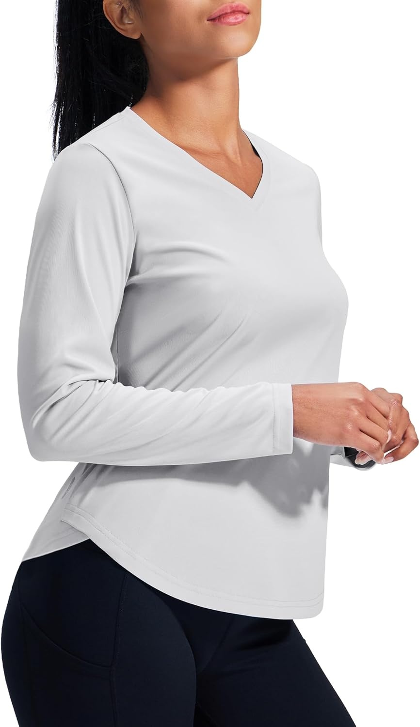 image:imageMIER Long Sleeve Workout Tops for Women UPF 50 SPF UV Protection Sun Shirts Dry Fit Athletic Running Gym Tshirt VNeckLight Grey