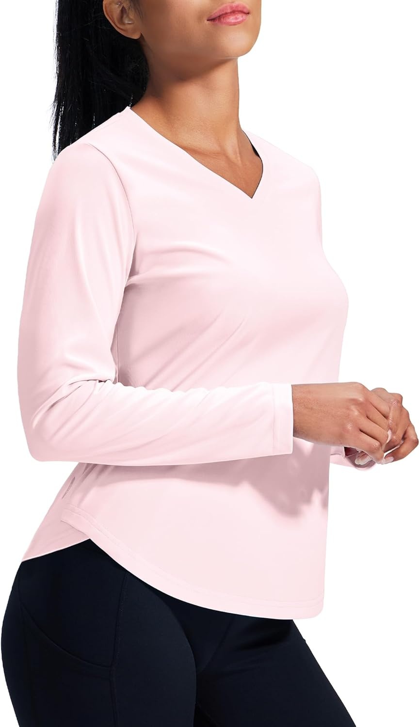 image:imageMIER Long Sleeve Workout Tops for Women UPF 50 SPF UV Protection Sun Shirts Dry Fit Athletic Running Gym Tshirt VNeckLight Pink