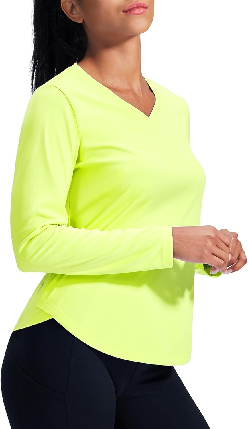 image:imageMIER Long Sleeve Workout Tops for Women UPF 50 SPF UV Protection Sun Shirts Dry Fit Athletic Running Gym Tshirt VNeckNeon Yellow