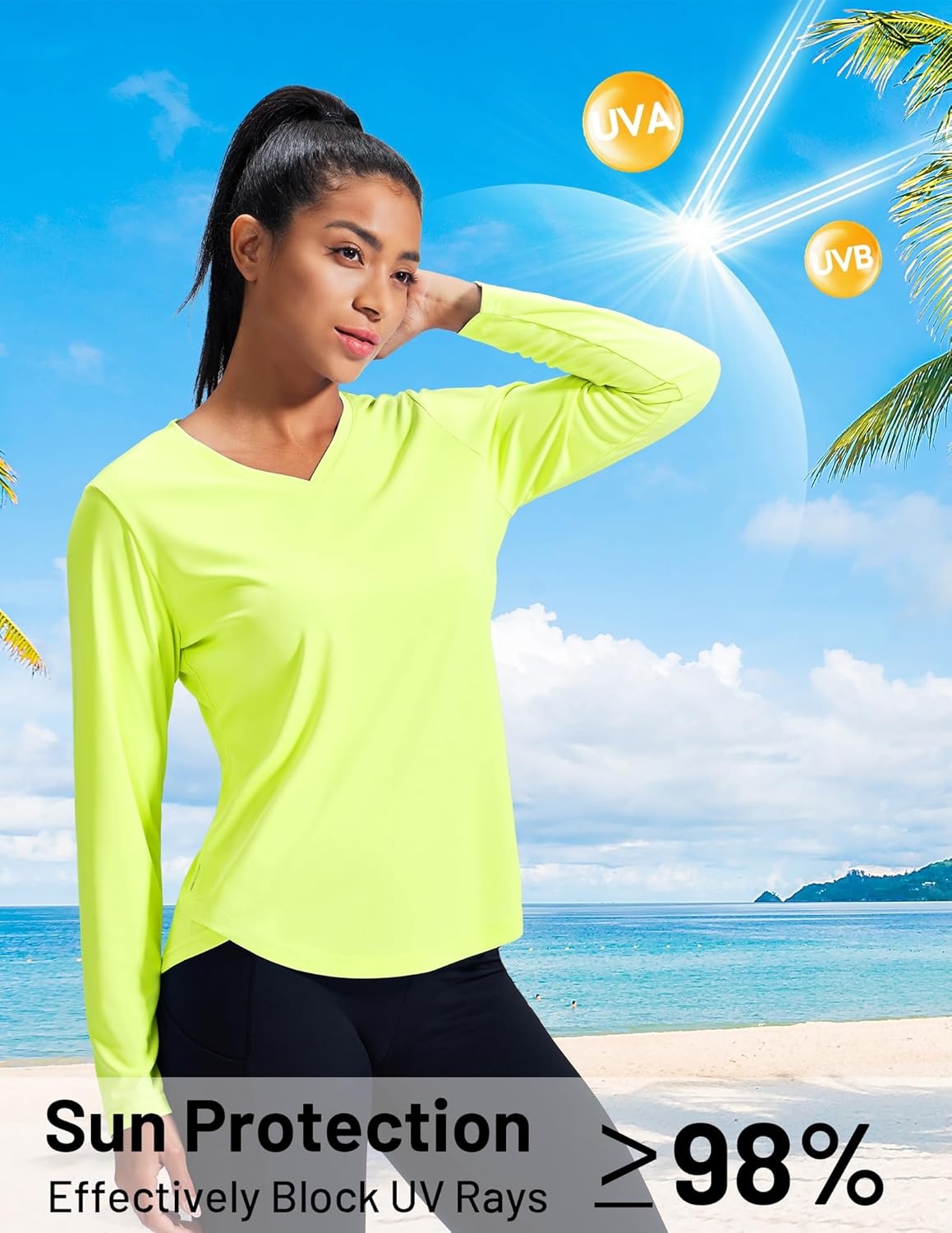 image:imageMIER Long Sleeve Workout Tops for Women UPF 50 SPF UV Protection Sun Shirts Dry Fit Athletic Running Gym Tshirt VNeckNeon Yellow
