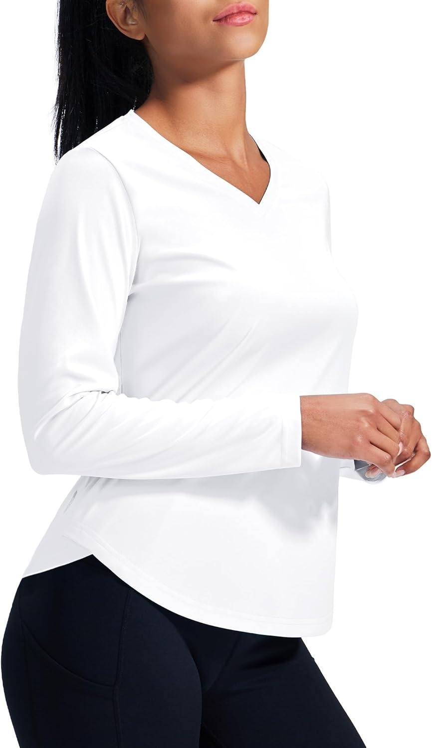image:imageMIER Long Sleeve Workout Tops for Women UPF 50 SPF UV Protection Sun Shirts Dry Fit Athletic Running Gym Tshirt VNeckWhite