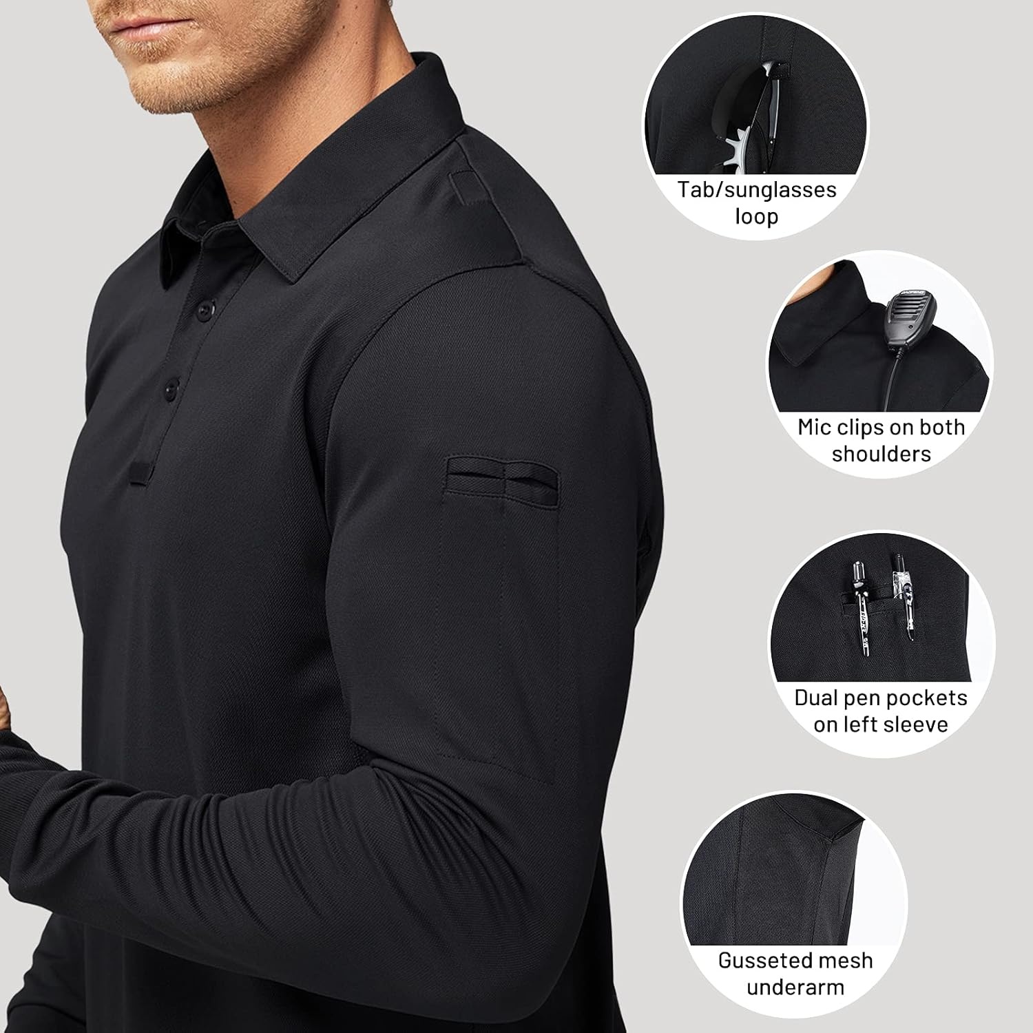 image:imageMIER Mens Outdoor Performance Tactical Polo Shirts Short and Long Sleeve MoistureWickingBlack02 Long Sleeve
