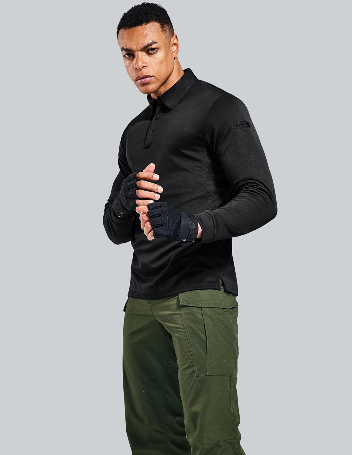 image:imageMIER Mens Outdoor Performance Tactical Polo Shirts Short and Long Sleeve MoistureWickingBlack02 Long Sleeve