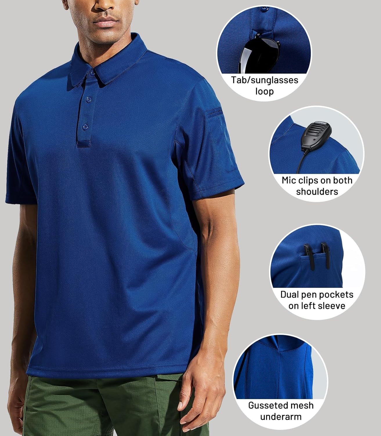 image:imageMIER Mens Outdoor Performance Tactical Polo Shirts Short and Long Sleeve MoistureWickingClassic Blue01 Short Sleeve