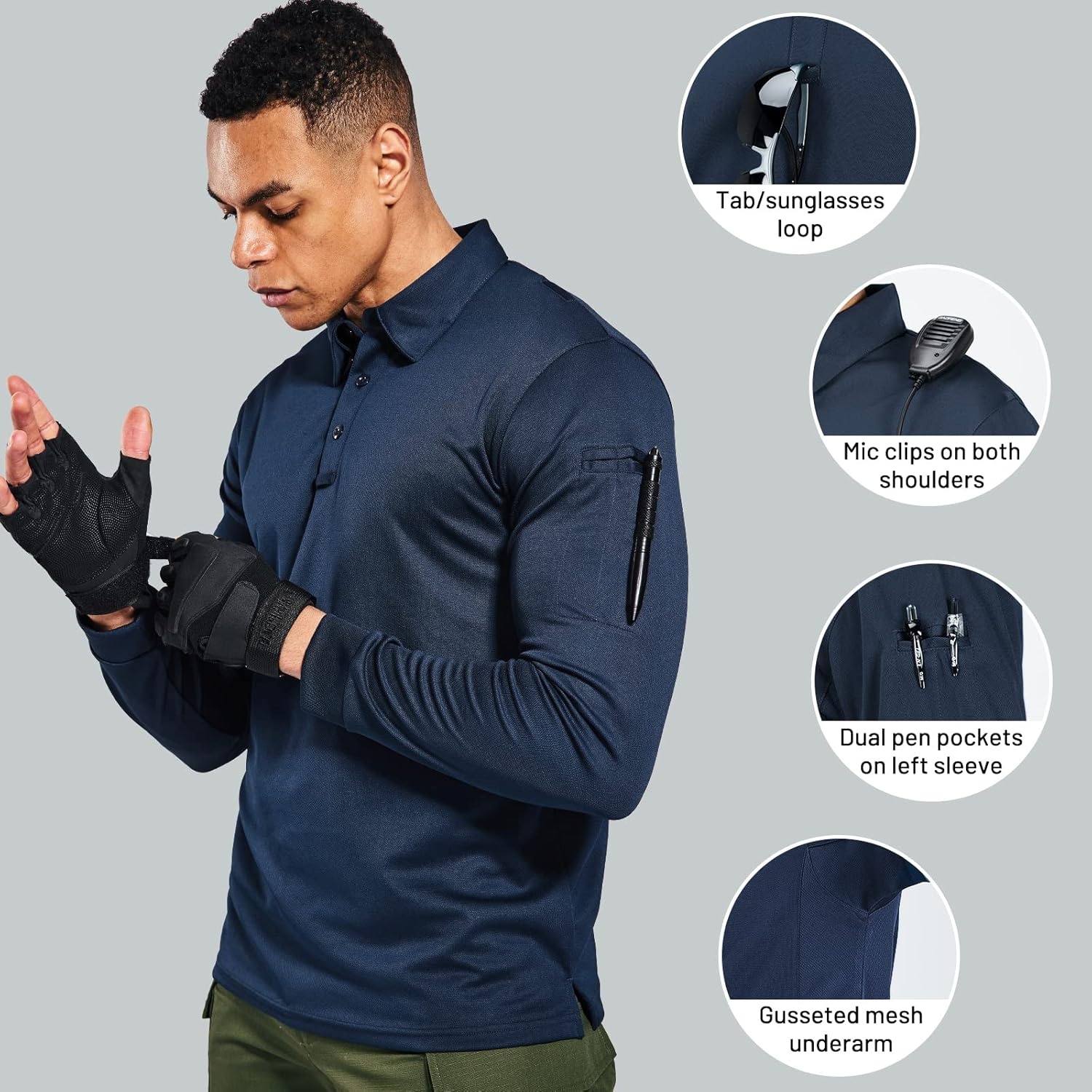 image:imageMIER Mens Outdoor Performance Tactical Polo Shirts Short and Long Sleeve MoistureWickingDark Blue02 Long Sleeve