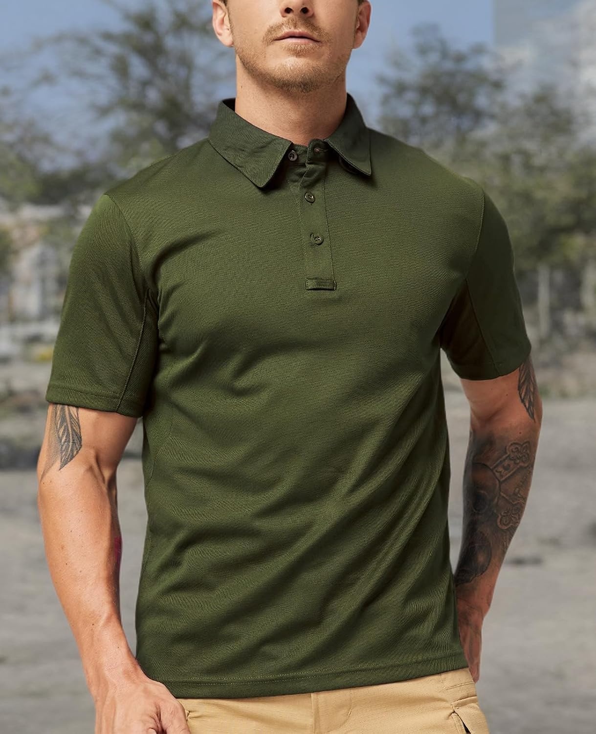 image:imageMIER Mens Outdoor Performance Tactical Polo Shirts Short and Long Sleeve MoistureWickingGreen01 Short Sleeve