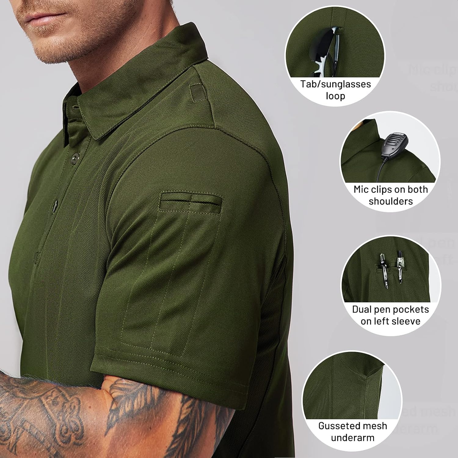 image:imageMIER Mens Outdoor Performance Tactical Polo Shirts Short and Long Sleeve MoistureWickingGreen01 Short Sleeve