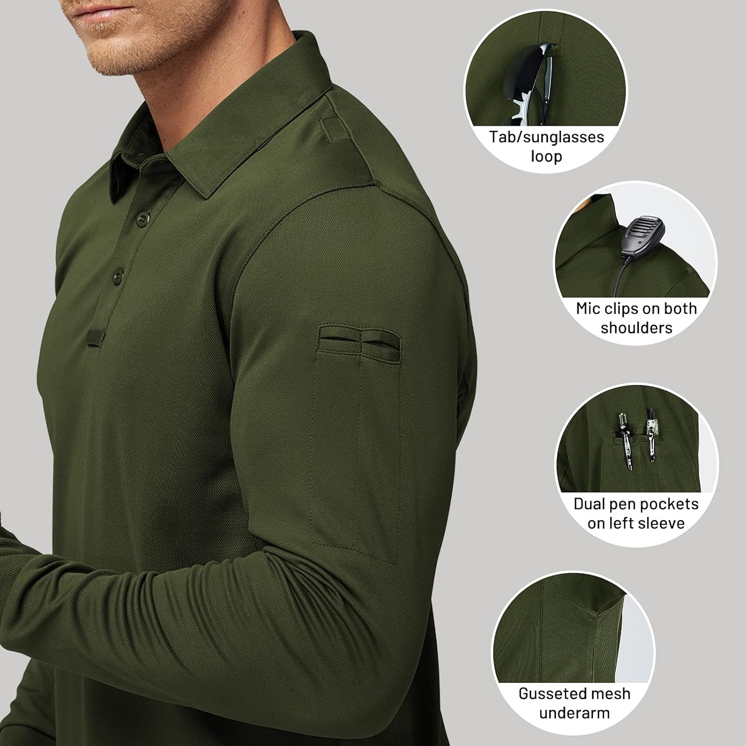 image:imageMIER Mens Outdoor Performance Tactical Polo Shirts Short and Long Sleeve MoistureWickingGreen02 Long Sleeve