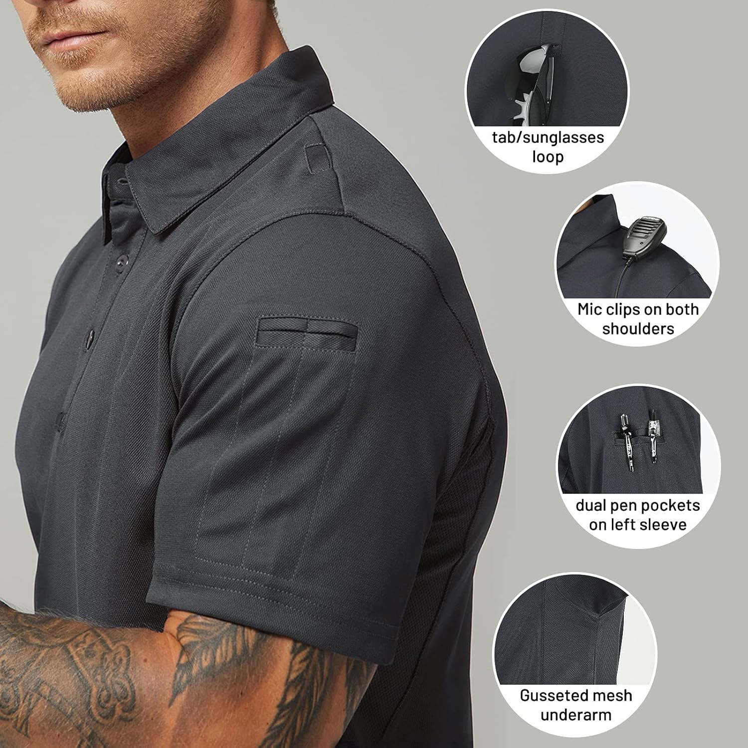 image:imageMIER Mens Outdoor Performance Tactical Polo Shirts Short and Long Sleeve MoistureWickingGrey01 Short Sleeve