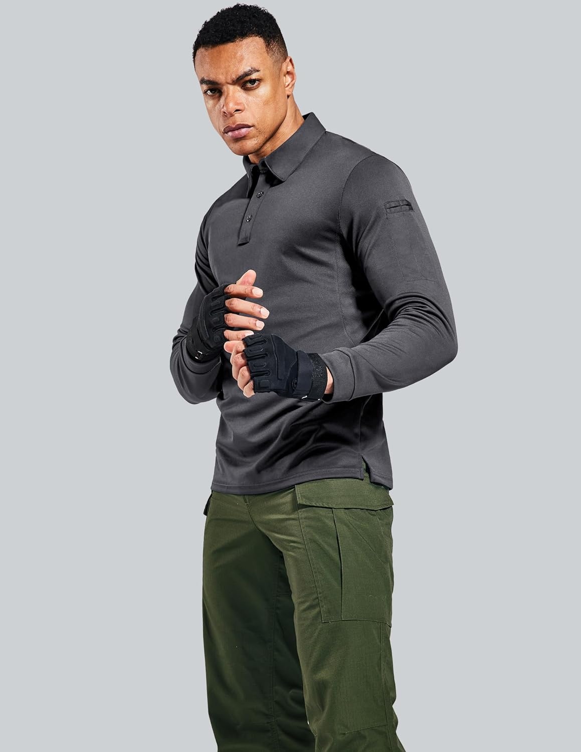 image:imageMIER Mens Outdoor Performance Tactical Polo Shirts Short and Long Sleeve MoistureWickingGrey02 Long Sleeve