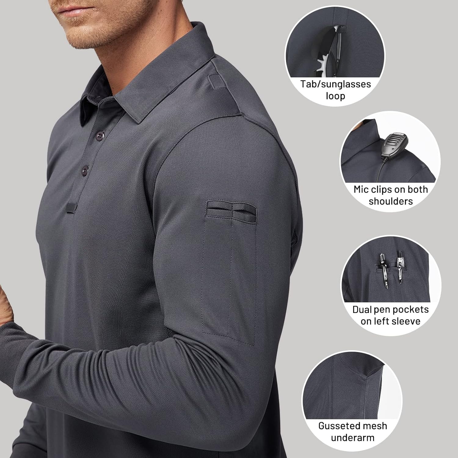 image:imageMIER Mens Outdoor Performance Tactical Polo Shirts Short and Long Sleeve MoistureWickingGrey02 Long Sleeve