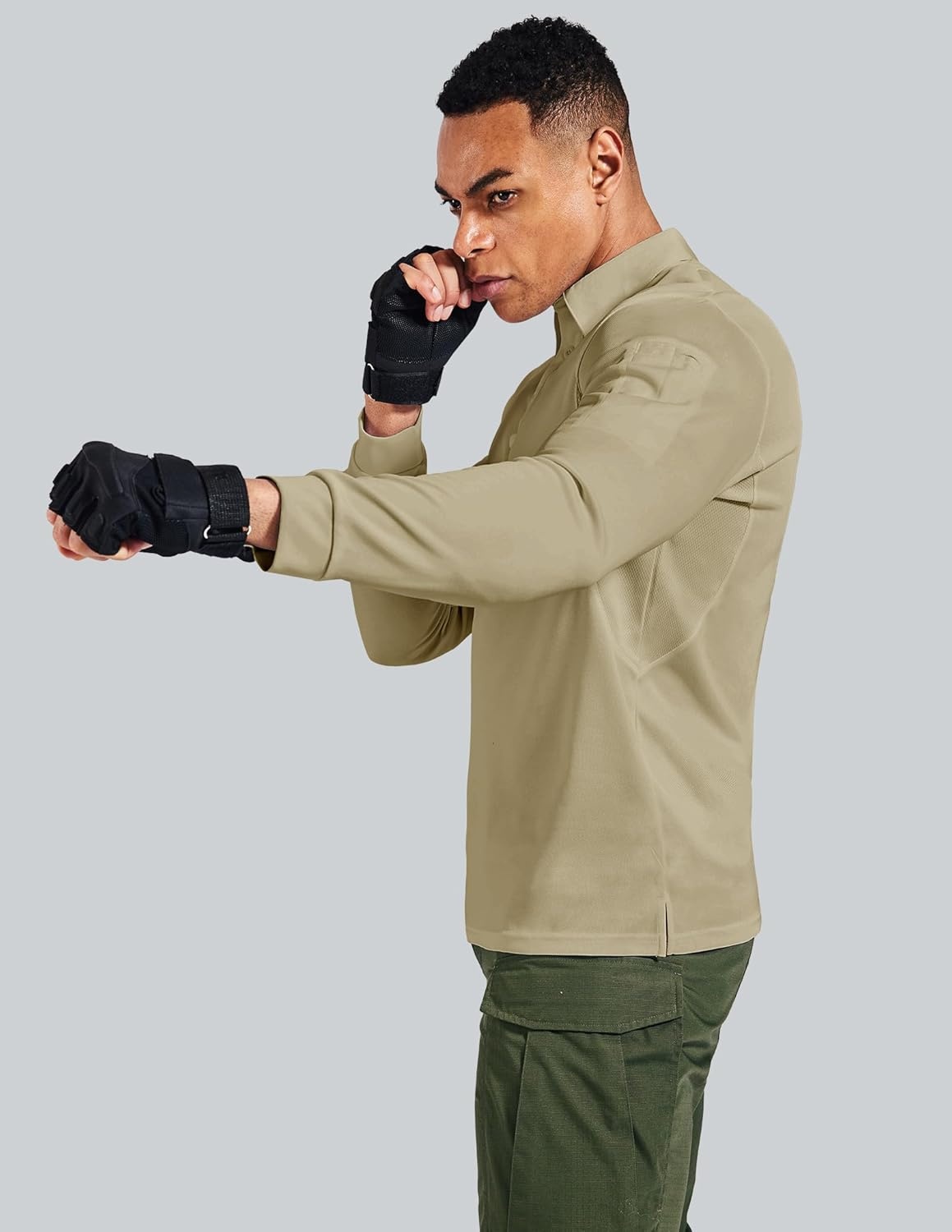 image:imageMIER Mens Outdoor Performance Tactical Polo Shirts Short and Long Sleeve MoistureWickingKhaki02 Long Sleeve