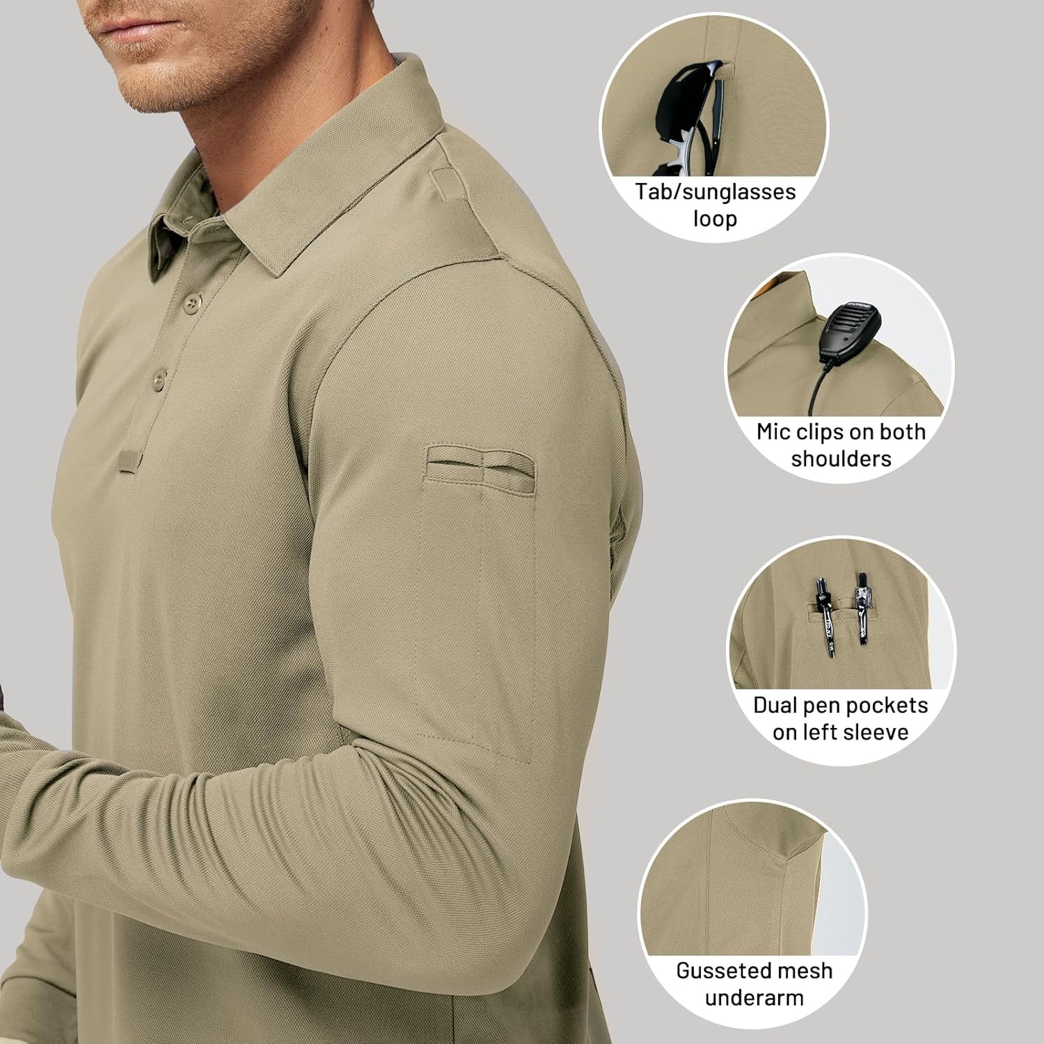image:imageMIER Mens Outdoor Performance Tactical Polo Shirts Short and Long Sleeve MoistureWickingKhaki02 Long Sleeve