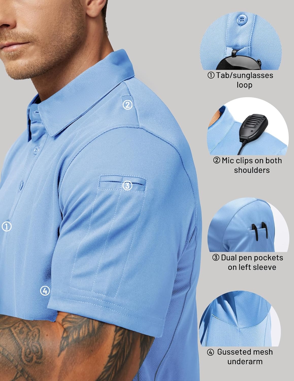image:imageMIER Mens Outdoor Performance Tactical Polo Shirts Short and Long Sleeve MoistureWickingLight Blue01 Short Sleeve