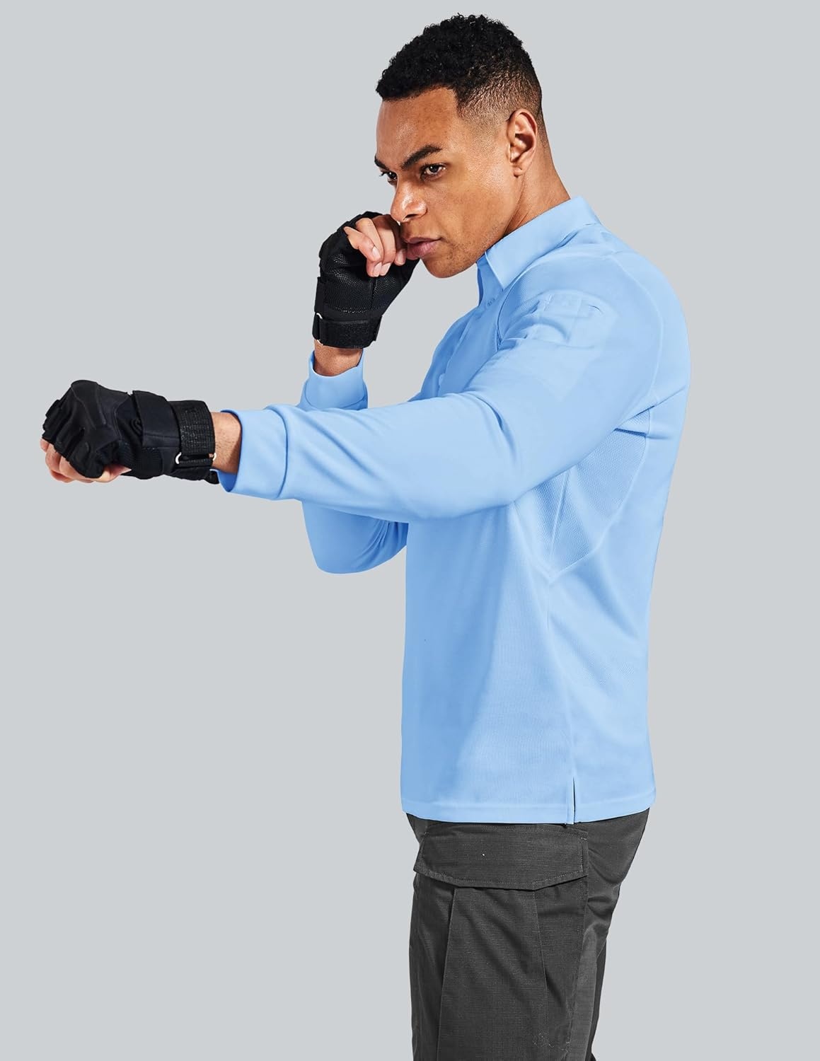 image:imageMIER Mens Outdoor Performance Tactical Polo Shirts Short and Long Sleeve MoistureWickingLight Blue02 Long Sleeve