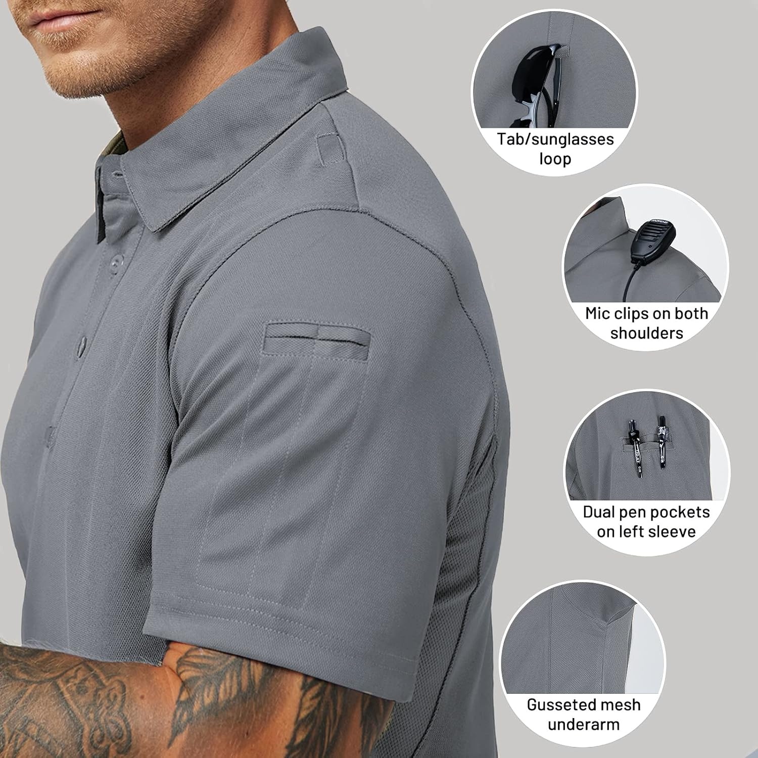 image:imageMIER Mens Outdoor Performance Tactical Polo Shirts Short and Long Sleeve MoistureWickingLight Grey01 Short Sleeve