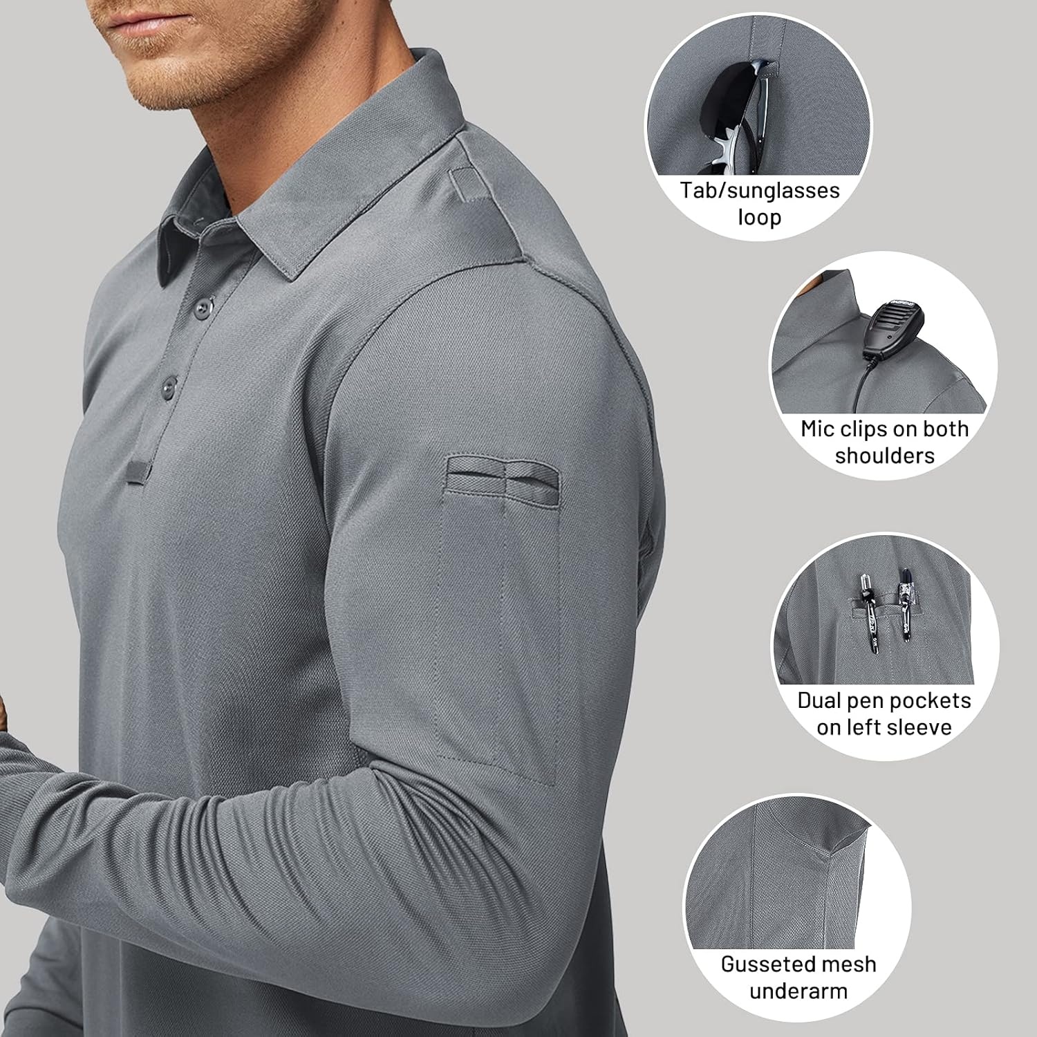 image:imageMIER Mens Outdoor Performance Tactical Polo Shirts Short and Long Sleeve MoistureWickingLight Grey02 Long Sleeve